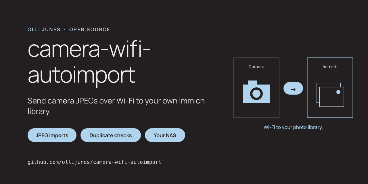 camera-wifi-autoimport: camera JPEGs sent over Wi-Fi to an Immich library on your NAS.