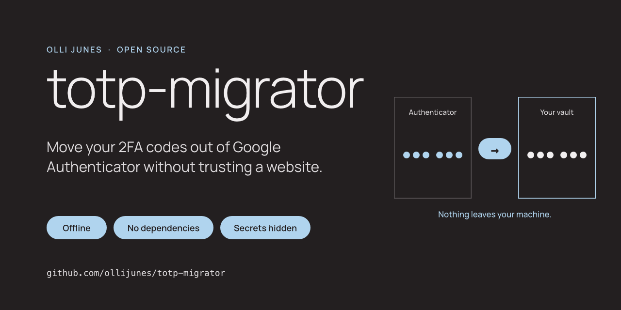 totp-migrator siirtää 2FA-koodit pois Google Authenticatorista ilman verkkosivuja. Toimii omalla koneella, ei riippuvuuksia, salaisuudet piilossa.